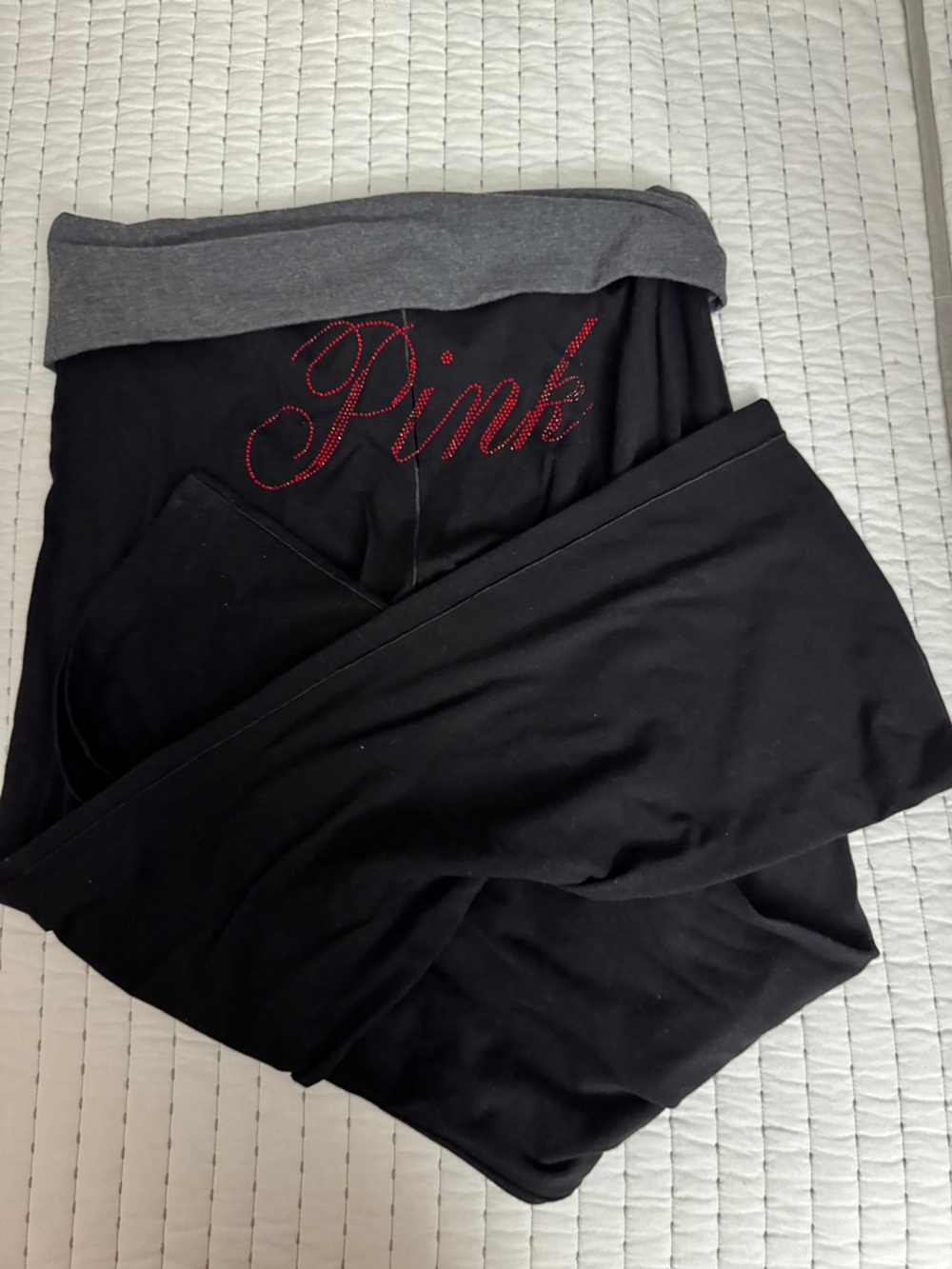 PINK Victoria's Secret Black foldover flare with Gray Waistband and Red Logo